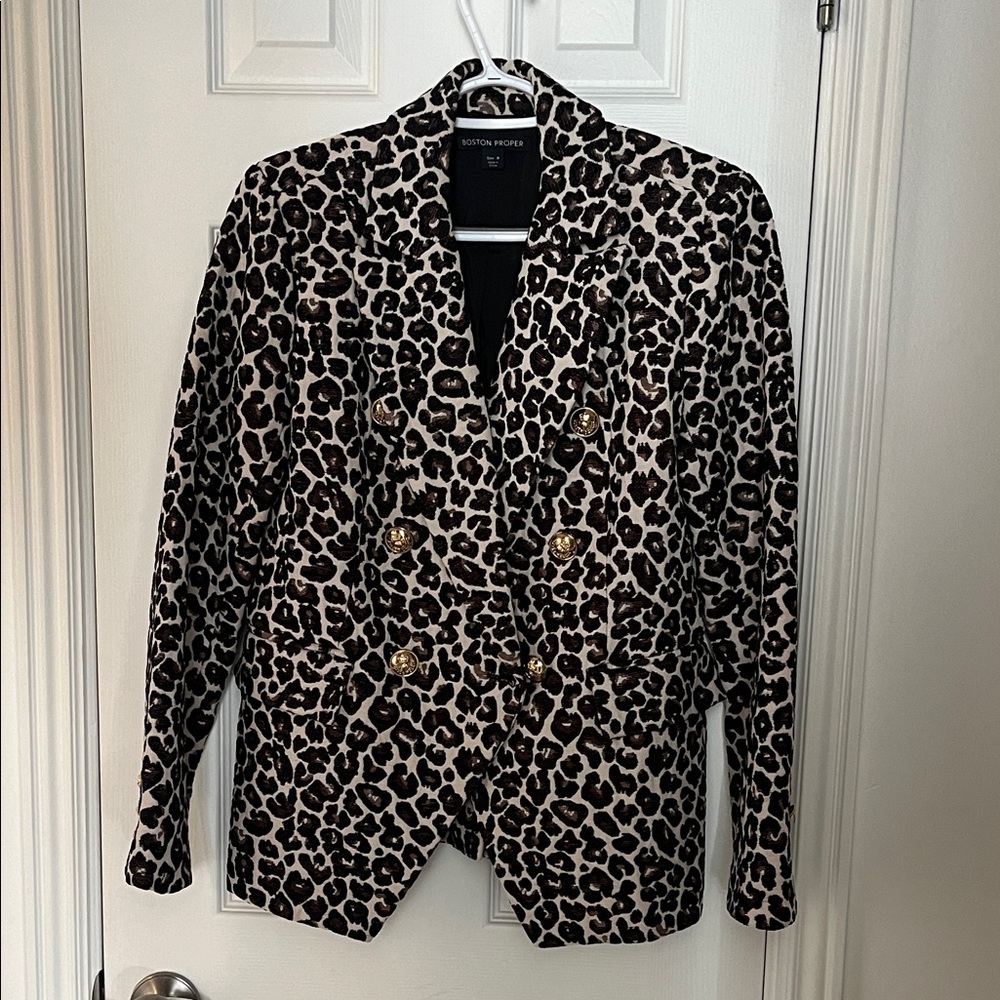 Boston Proper Animal Print Blazer with Gold Buttons